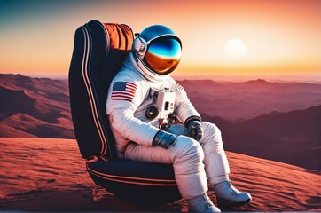 An astronaut sits on a chair and basks under the rays of a bright star while drinking beer on an alien planet, the concept of travel and lifestyle of an astronaut on another planet, art generated ai