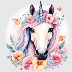 Charming Unicorn Surrounded by Flowers and Butterflies on White - Watercolor Illustration