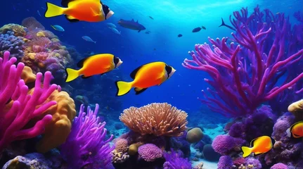 Fototapeten Colorful tropical coral reef with fish. Vivid multicolored corals in the sea aquarium. Beautiful Underwater world. Vibrant colors of coral reefs under bright neon purple light. AI generated  © SR07XC3
