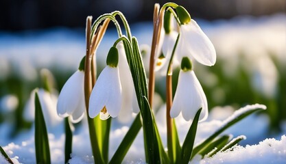 Snowdrop Blossoms Emerge in Spring Forest at Dawn, Signaling Thaw and Start of Warmer Season;...