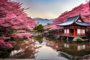 Stunning Japanese Shrine Amid Blooming Cherry Blossoms, Pink Sakura Trees, Natural Scenery Wallpaper