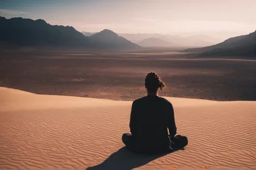 Selbstklebende Fototapeten A person meditating on the desert sitting spiritual awakening meditation soul healing enlightenment brain mindset © SR07XC3