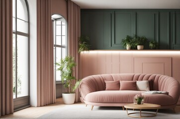 Contemporary Living Room Featuring a Cozy Sofa, Pastel Walls, Spacious Windows, and a Staircase Leading Upstairs, with a Stylish Dusty Pink and Green Color Scheme.