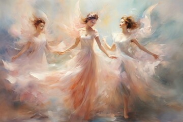 Fototapeta premium Graceful sylphs, beings of air and wind, dancing among wispy clouds - Generative AI
