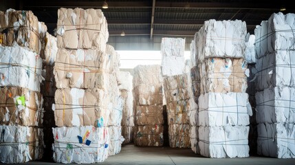 Stacks of compressed paper bales at a recycling plant, ready to be transformed into new products, showcasing industrial recycling
