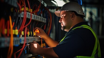 Fototapeta na wymiar An electrician repairs an electrical panel
