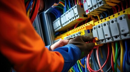 An electrician repairs an electrical panel