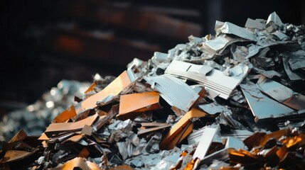 Huge piles of different metallic scraps in a yard, destined for recycling into new products, illustrating material reincarnation. - obrazy, fototapety, plakaty