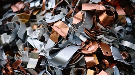 Huge piles of different metallic scraps in a yard, destined for recycling into new products, illustrating material reincarnation. - obrazy, fototapety, plakaty
