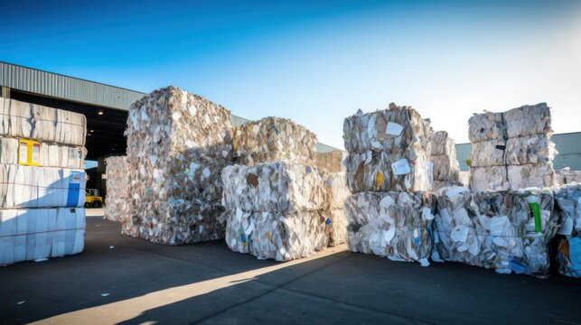 Stacks of compressed paper bales at a recycling plant, ready to be transformed into new products, showcasing industrial recycling