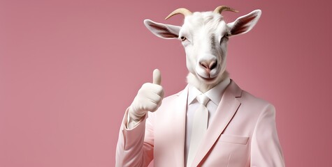 Funny goat in pink suit and white shirt showing thumb up on pink background
