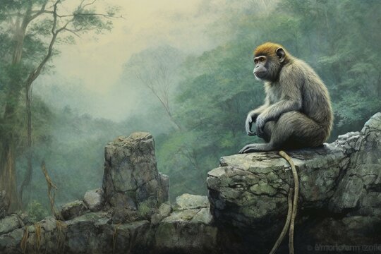 primate perched on stone, gazing across woods. Generative AI