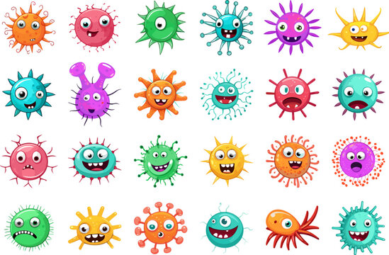 Cartoon cute virus set. Flu germs characters isolated, color doodle infect cells icons vector illustration