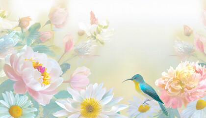 spring background with flowers and a Sunbird. Generative AI