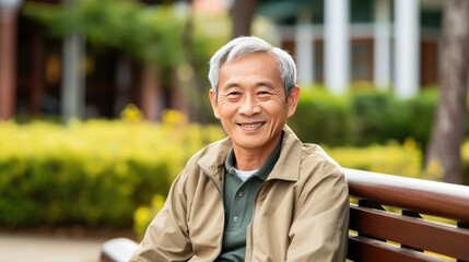 Fototapeta premium Senior Asian man sitting on a bench outside