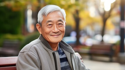 Senior Asian man sitting on a bench outside