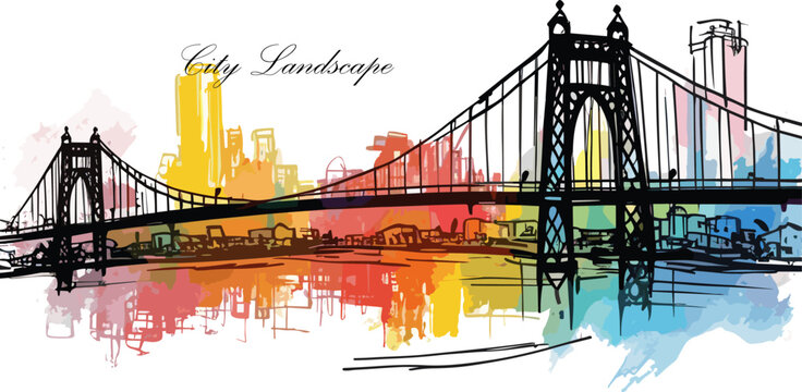 City landscape with sketch bridge and watercolor skylines silhouettes. Colorful abstract background, urban vector graphic design