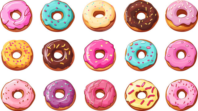 Delicious donuts cartoon set. Isolated donut with glaze, bakery collection. Fresh tasty food, breakfast or snack. Vector game icons clipart
