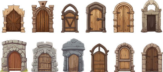 Medieval arch wooden doors in castle. Isolated cartoon ancient door in stones, kingdom gates. Game elements, old buildings entrances vector set - obrazy, fototapety, plakaty