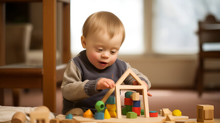 Cute small boy with Down syndrome playing with toy - obrazy, fototapety, plakaty