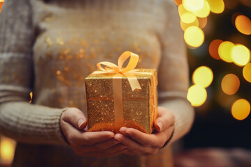 Golden gift in feminine hands on a Christmas background