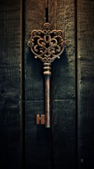 An old key hangs on a wooden door