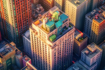Retro-style Manhattan office building top view with colorful background. New York City center on Wall Street. Generative AI