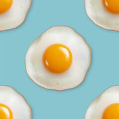 Vector Seamless Pattern with Realistic Fried Egg, Omelet on a Blue Background. Healthy Breakfast, Protein Food, Diet Meal Concept. Design Template