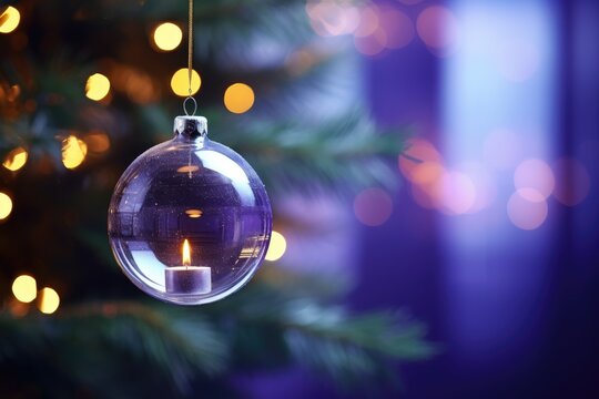 Candle with bright flame in purple ball hanging fir tree on dark blurred background with bokeh lights. Christmas and New Year holiday banner. Prayer concept