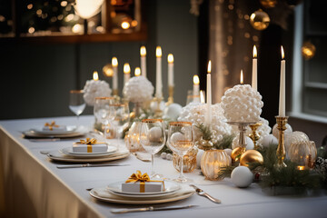 Christmas dinner table with beautiful gold and white decorations, gold candles stands and small gifts on the plates. 