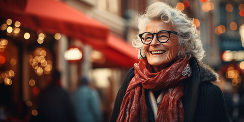 Happy old good-looking woman walking in sity street at Christmas time. Festive light bokeh at backdrop. Aging with dignity. Older people leading an active and fulfilling life. Banner, copy space