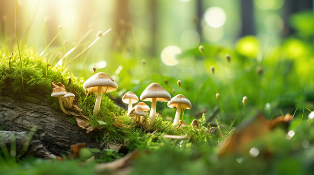 Bright forest clearing,beautiful sunlight and seasonal nature background with bokeh and short depth of field. Close-up with space for text, close-up on wildlife nature mushrooms and green fresh leaves