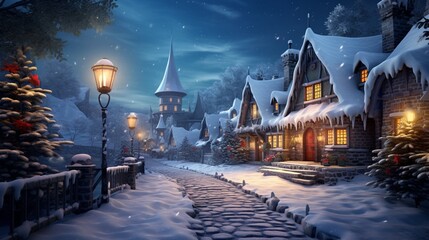 A charming village covered in a blanket of snow, with quaint cottages and a winding path leading through the winter wonderland. - obrazy, fototapety, plakaty