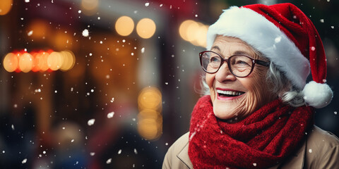 Happy old good-looking woman in santa hat walking in sity. Christmas time.Festive light bokeh at backdrop. Aging with dignity. Older people leading an active and fulfilling life. Banner, copy space