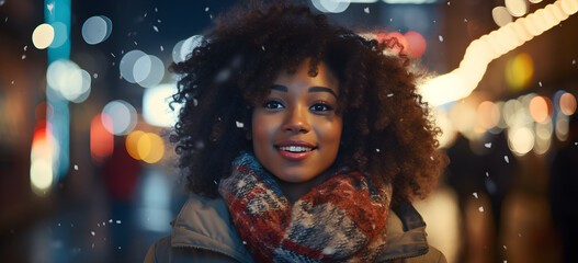 Stylish Afro American Woman Strolling Through Festive Night Lights