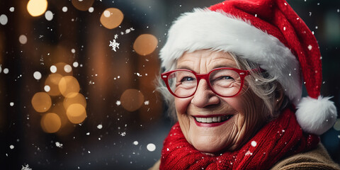 Happy old good-looking woman in santa hat walking in sity. Christmas time.Festive light bokeh at backdrop. Aging with dignity. Older people leading an active and fulfilling life. Banner, copy space