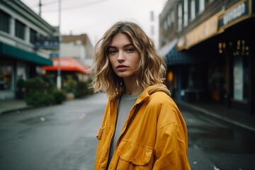 Beautiful young woman with long blond hair in a yellow raincoat walks in the city.