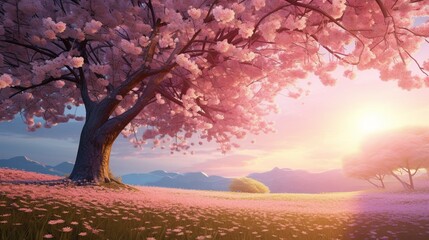 A field of cherry blossoms in full bloom, with the delicate pink flowers covering the trees and creating a beautiful springtime scene.