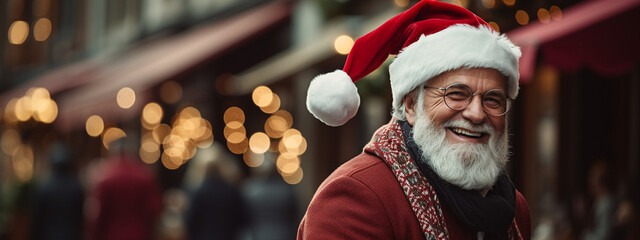 Smiling happy old good-looking man in santa hat walking in sity street. Christmas background...