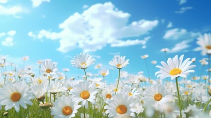A field of daisies in full bloom, with a clear blue sky overhead and the gentle breeze causing the flowers to sway.