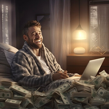 Hombre ganando dinero por Internet,  buscando  Libertad Financiera. Ganar dinero online desde casa. Hombre con portátil ganando dinero. Feliz, con abundancia y riqueza, lluvia de dólares. Éxito.