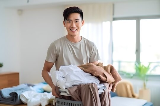 Young Asian man happy carrying messy dirty clothes in basket at home