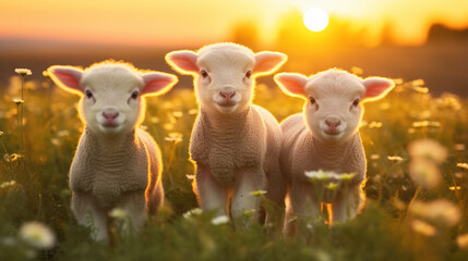 cute little lambs with sheep on fresh green meadow during sunrise Newborn lambs in flower field,...