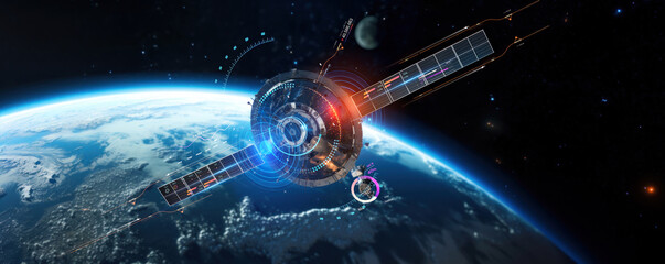 telecom communication satellite orbiting around the globe earth with futuristic technology datum hologram information for online and internet connection and gps space orbit services banner - obrazy, fototapety, plakaty