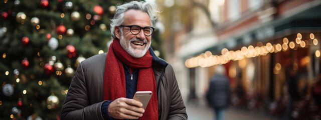 Smiling happy old good-looking man with phone walking in winter sity street.Christmas background. Aging with dignity. Older people leading an active and fulfilling life. Banner, copy space