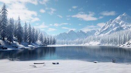 A frozen lake surrounded by snow-covered hills and evergreen trees, with a clear winter sky overhead.