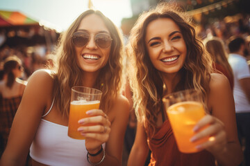 Group of friends having great time on music festival in the summer. Two young woman drinking beer...