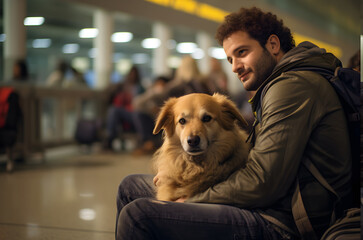 dog and its owner on a plane or airport to travel