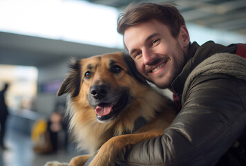 dog and its owner on a plane or airport to travel