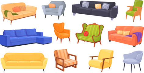 Cartoon couches and armchairs. Isolated couch armchair vintage soft chair for relax in lounge modern office or home studio room decor interior, sofa divan neat vector illustration